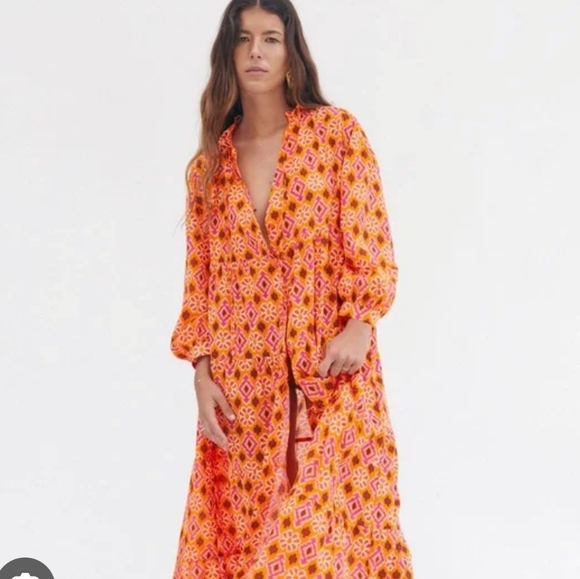 NWT Zara Boho Geometric Floral Print Long Sleeve Midi Dress XS - Picture 1 of 11